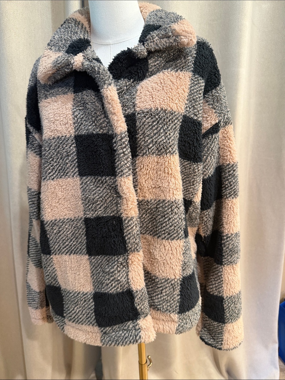 PatPat Plaid Teddy Jacket in Blush and Charcoal NWT XL